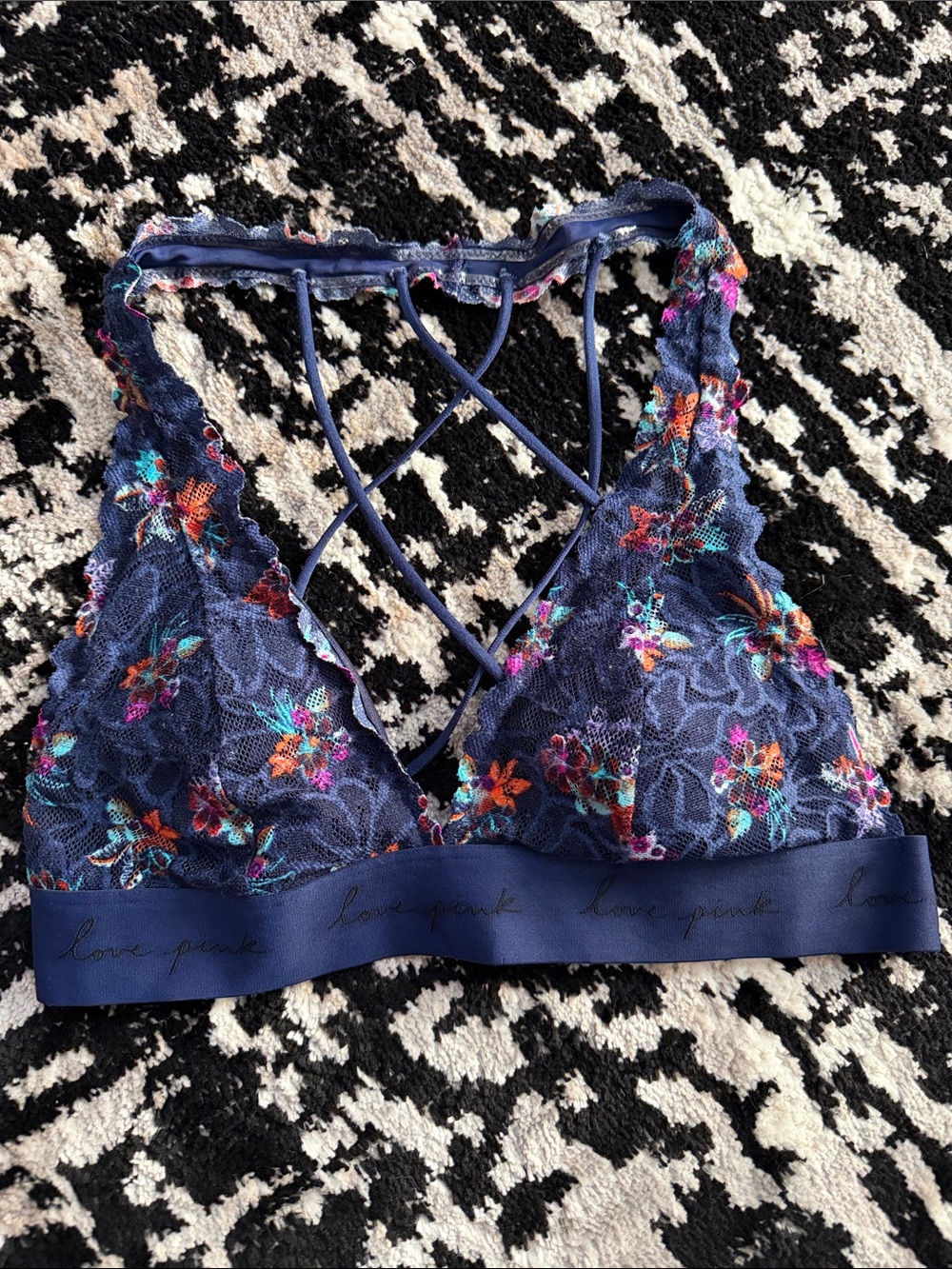 PINK Victoria's Secret Navy Floral Lace Bralette with Crisscross Straps